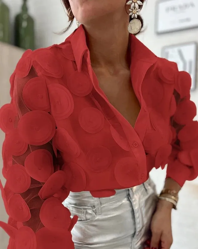 Women's Fashion Floral Pattern Long Sleeve Top Semi-Sheer Mesh Patch Design Women Casual Button Loose Elegant Blouses