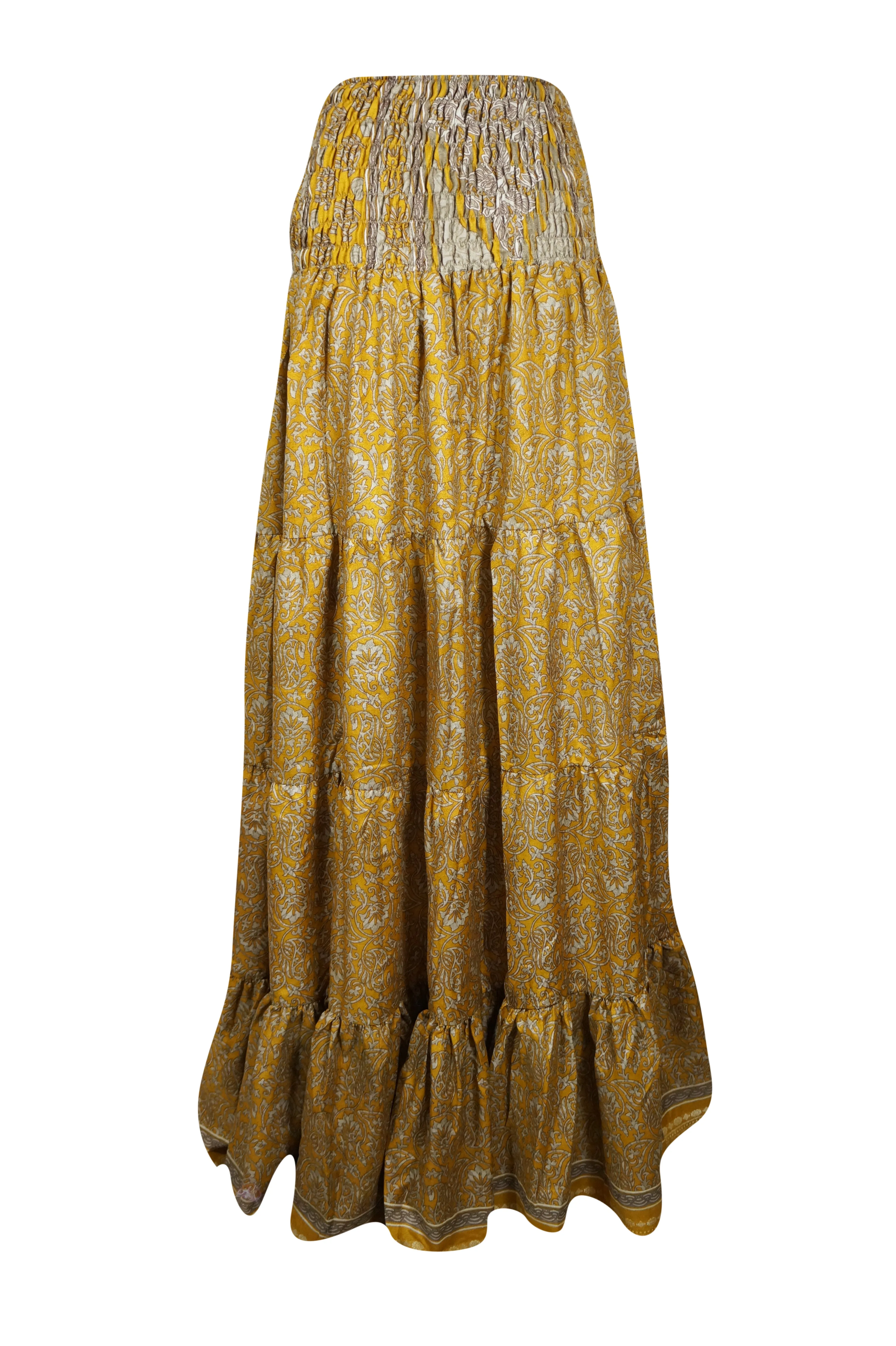 Womens  Gold Floral printed Long Skirt Beach Boho Skirts S/M