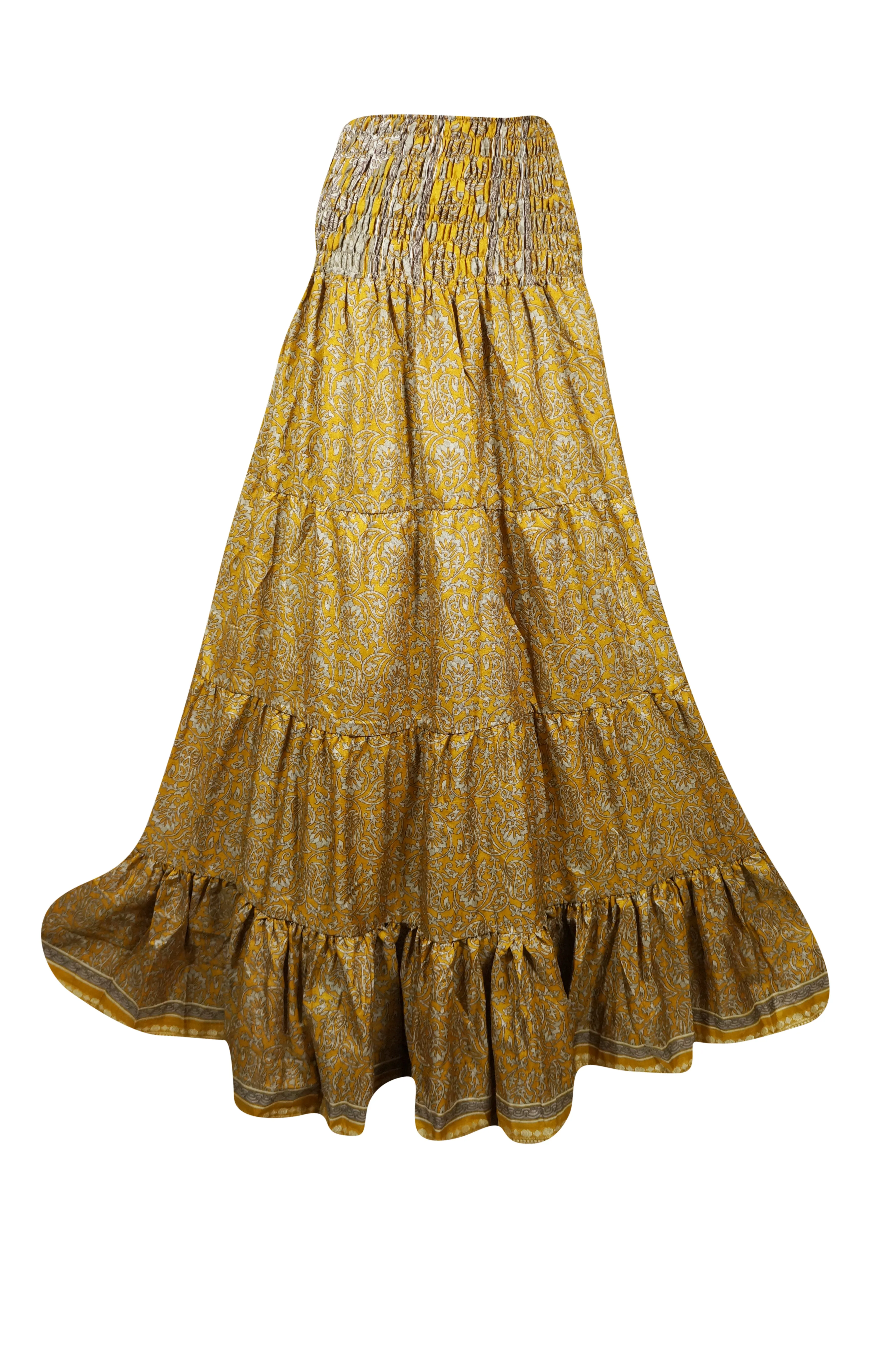 Womens  Gold Floral printed Long Skirt Beach Boho Skirts S/M