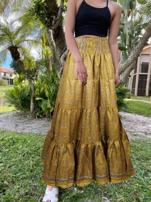 Womens  Gold Floral printed Long Skirt Beach Boho Skirts S/M