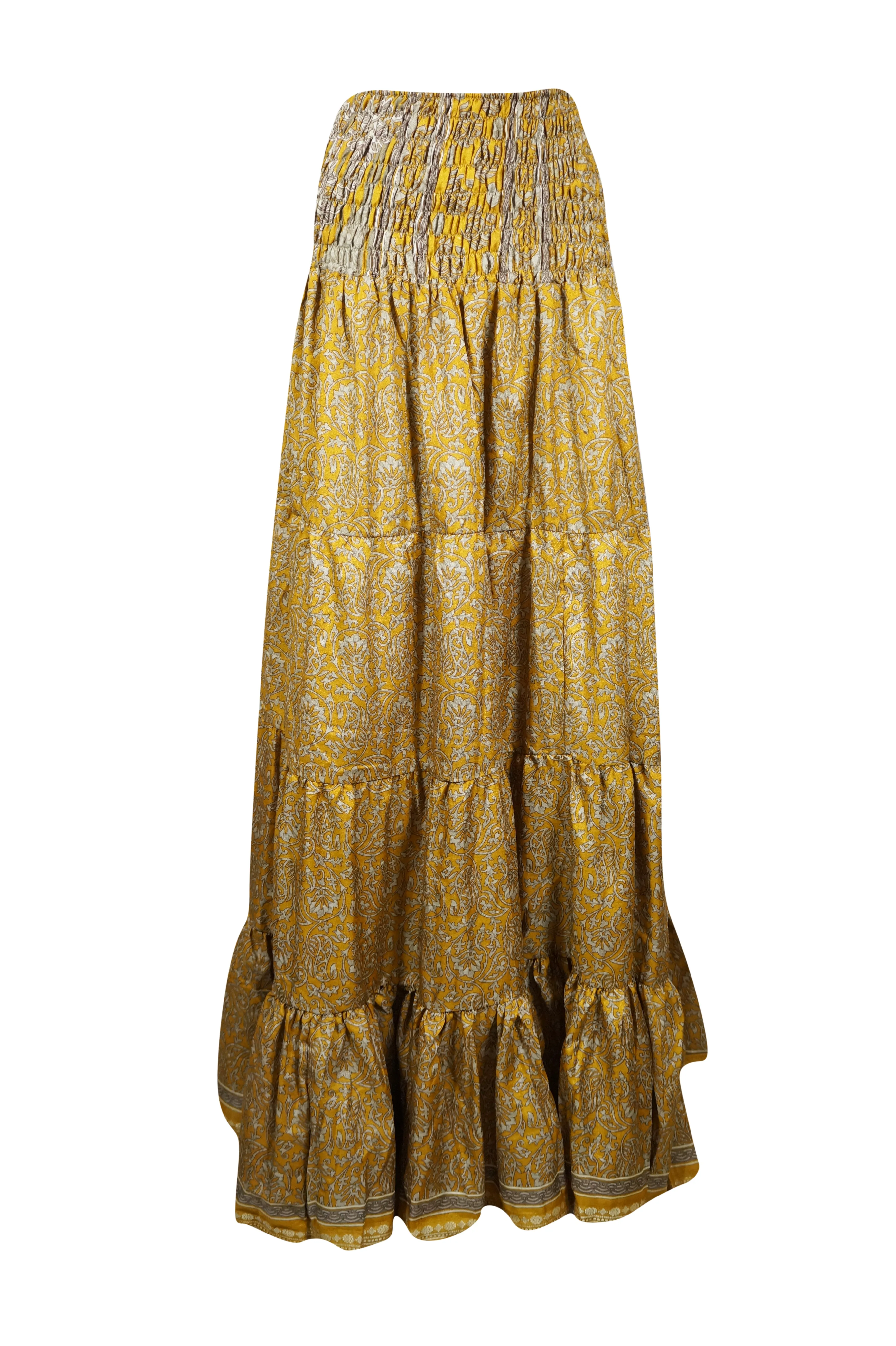 Womens  Gold Floral printed Long Skirt Beach Boho Skirts S/M