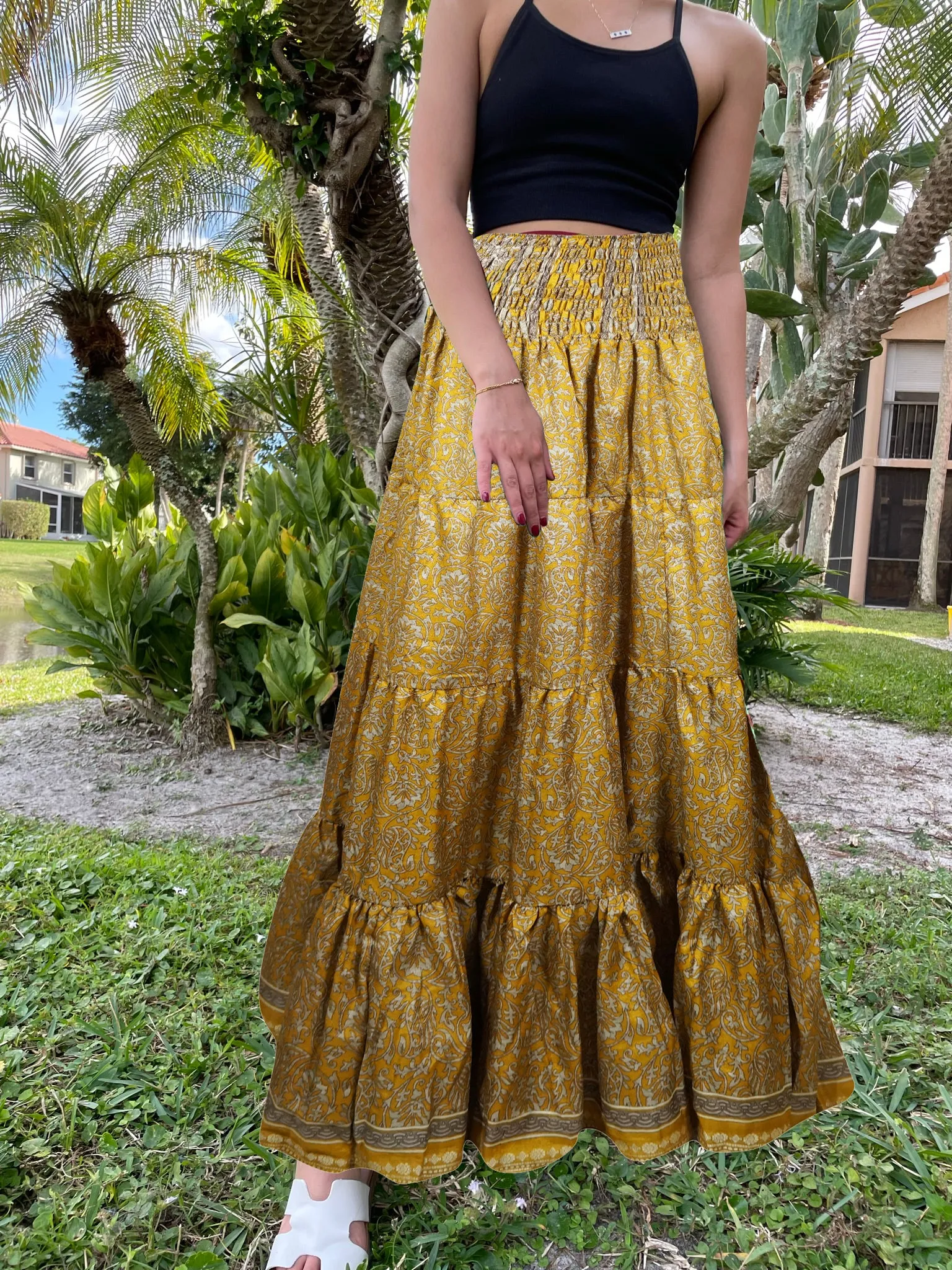 Womens  Gold Floral printed Long Skirt Beach Boho Skirts S/M