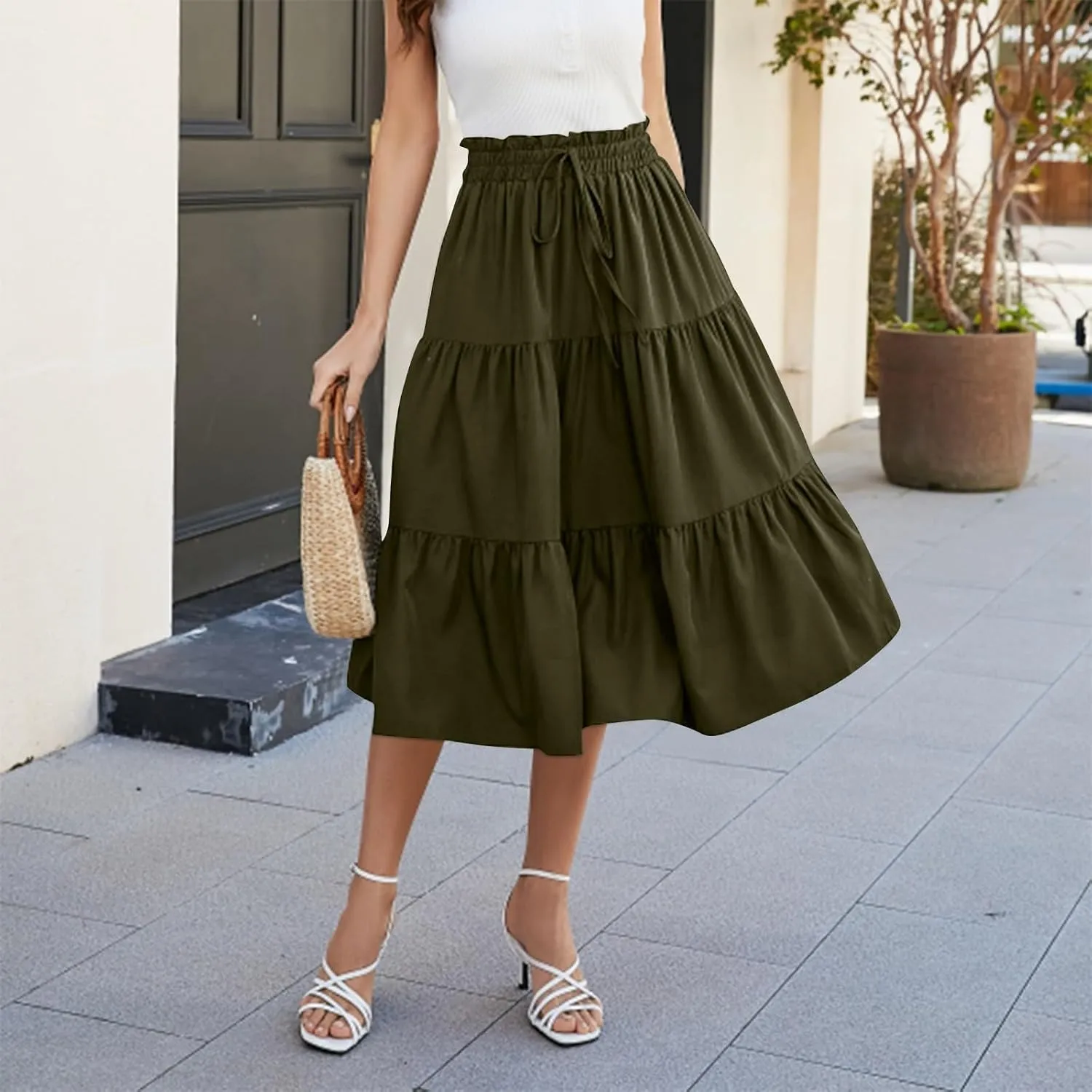 Women's High Waisted Skirt 2025 Solid Floral Print A-Line Skirt with Elastic Tie Waist Flowy Casual Beach Midi Skirt