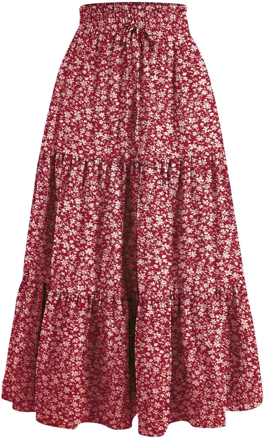 Women's High Waisted Skirt 2025 Solid Floral Print A-Line Skirt with Elastic Tie Waist Flowy Casual Beach Midi Skirt