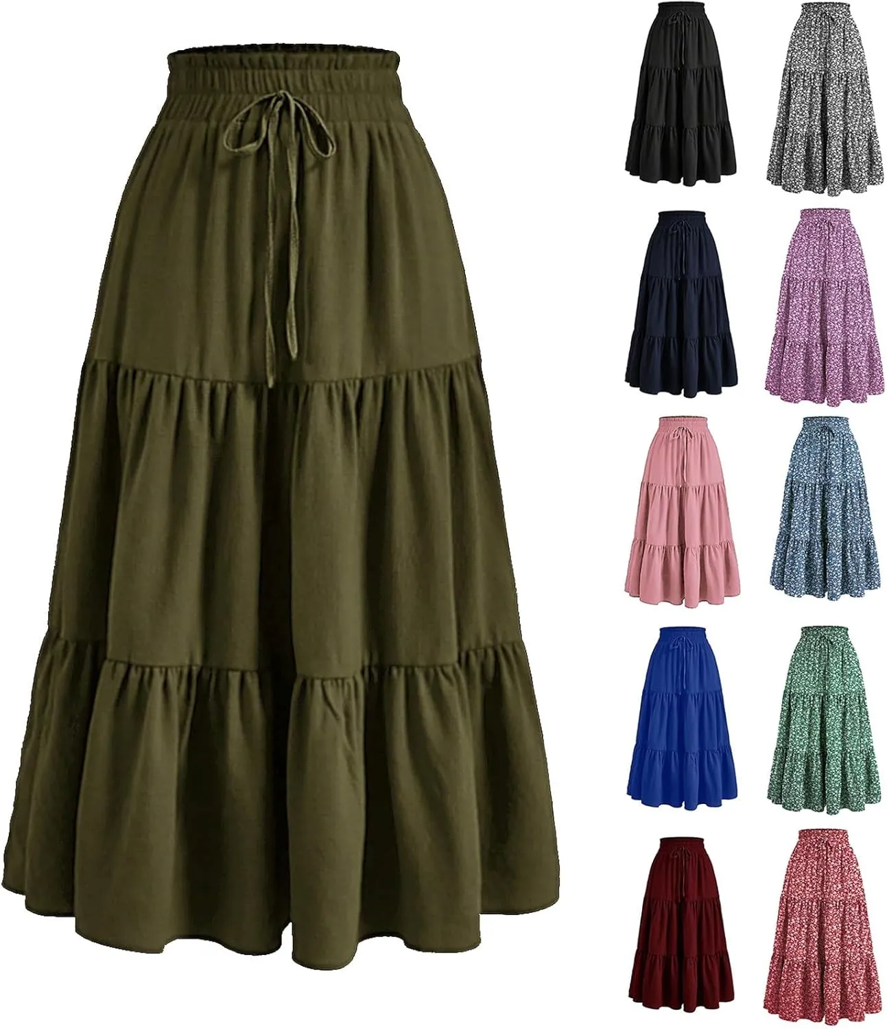 Women's High Waisted Skirt 2025 Solid Floral Print A-Line Skirt with Elastic Tie Waist Flowy Casual Beach Midi Skirt