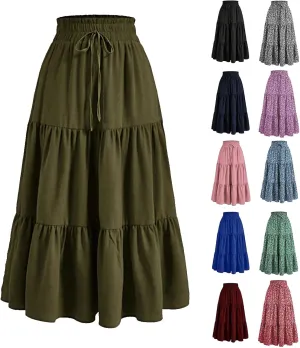 Women's High Waisted Skirt 2025 Solid Floral Print A-Line Skirt with Elastic Tie Waist Flowy Casual Beach Midi Skirt