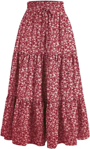 Women's High Waisted Skirt 2025 Solid Floral Print A-Line Skirt with Elastic Tie Waist Flowy Casual Beach Midi Skirt