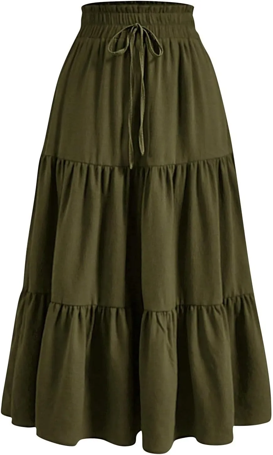 Women's High Waisted Skirt 2025 Solid Floral Print A-Line Skirt with Elastic Tie Waist Flowy Casual Beach Midi Skirt