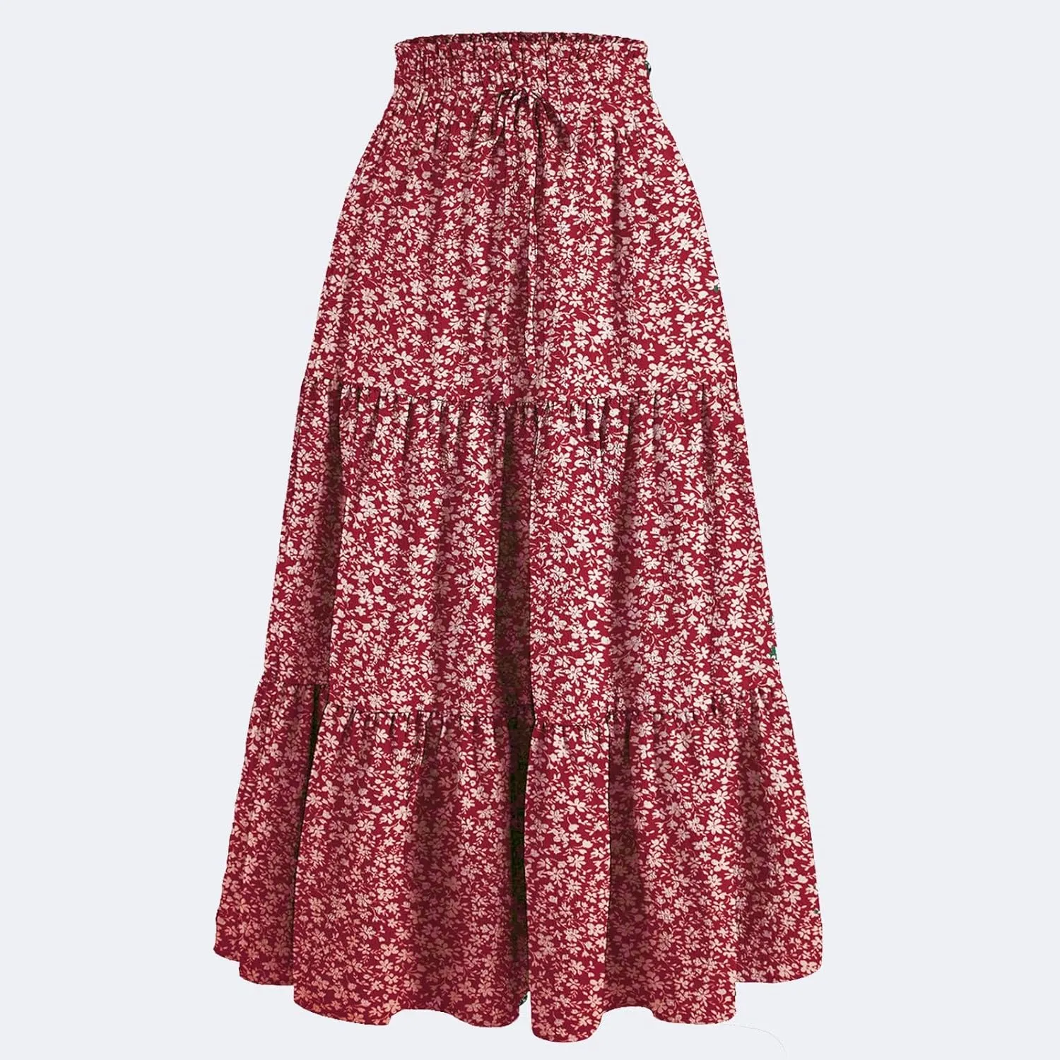 Women's High Waisted Skirt 2025 Solid Floral Print A-Line Skirt with Elastic Tie Waist Flowy Casual Beach Midi Skirt