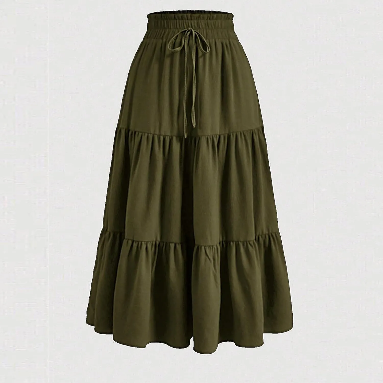 Women's High Waisted Skirt 2025 Solid Floral Print A-Line Skirt with Elastic Tie Waist Flowy Casual Beach Midi Skirt