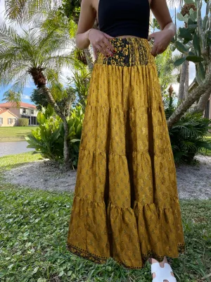 Women's Skirt Dark Gold Floral printed Long Skirt Beach Boho Skirts S/M