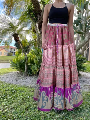 Women's Skirt Light Pink Floral Long Skirt Patchwork Boho Skirts S/M