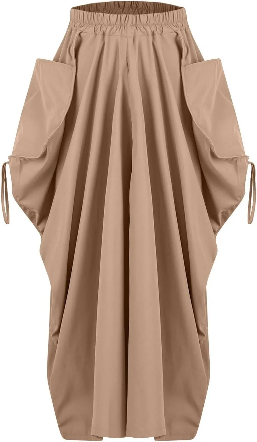 Women's Skirts 2025 Summer Fashion Bohemian Style Loose Pocket Midi Skirt Casual High Waisted Solid Color Skirt
