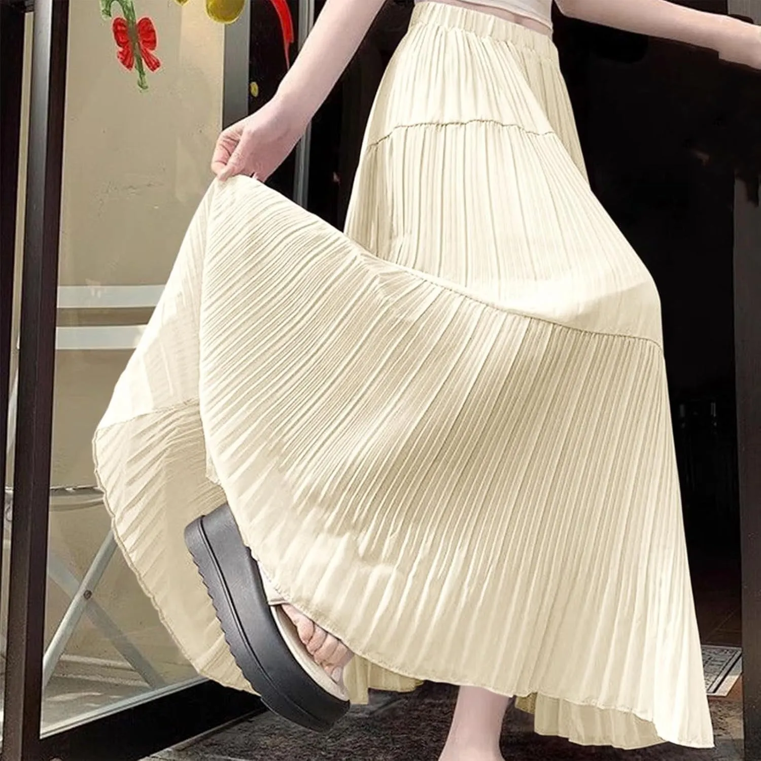 Women's Summer Chiffon Maxi Skirts Pleated Elastic Waist A-Line Flowy Tiered Beach Dress Pleated Swing Long Skirt
