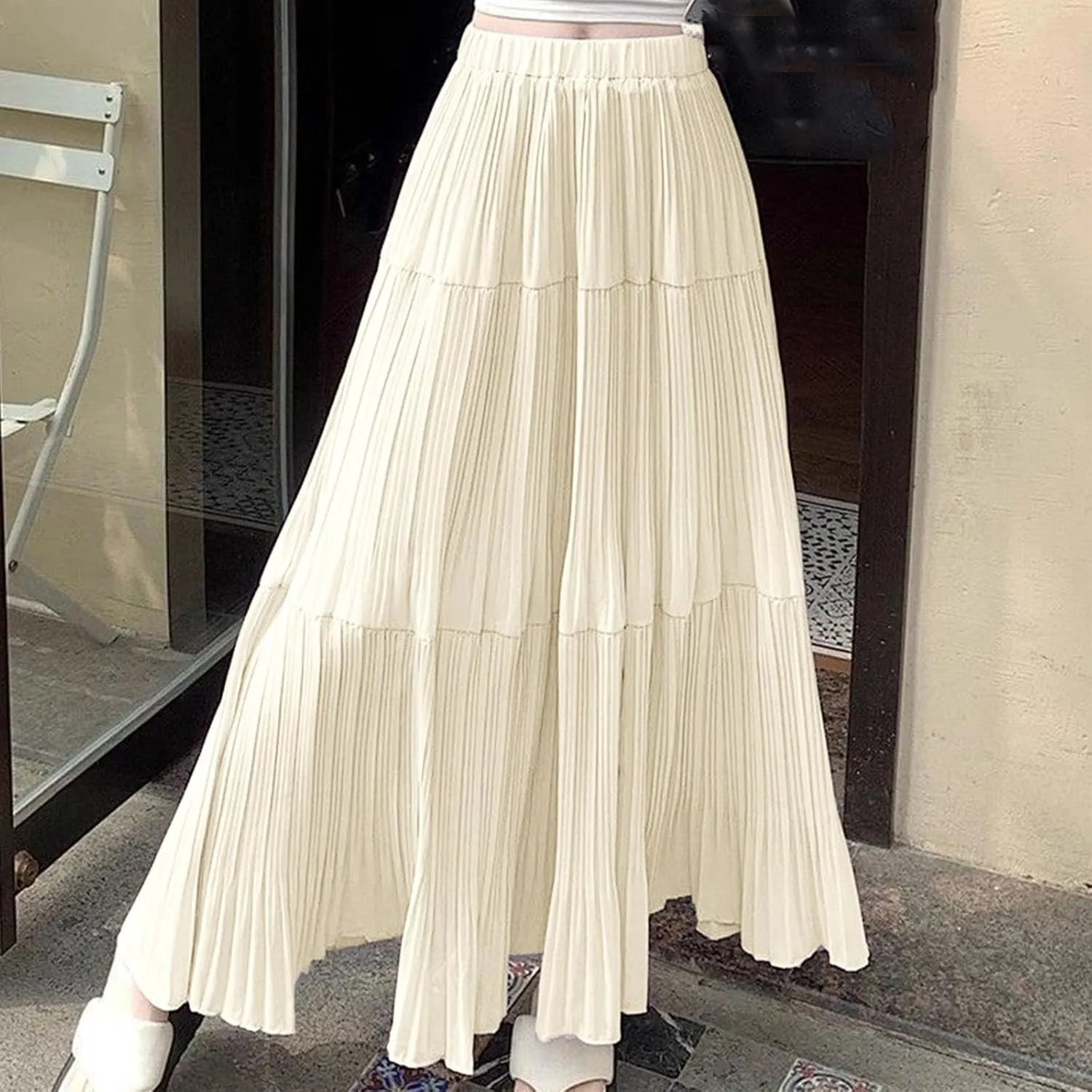 Women's Summer Chiffon Maxi Skirts Pleated Elastic Waist A-Line Flowy Tiered Beach Dress Pleated Swing Long Skirt