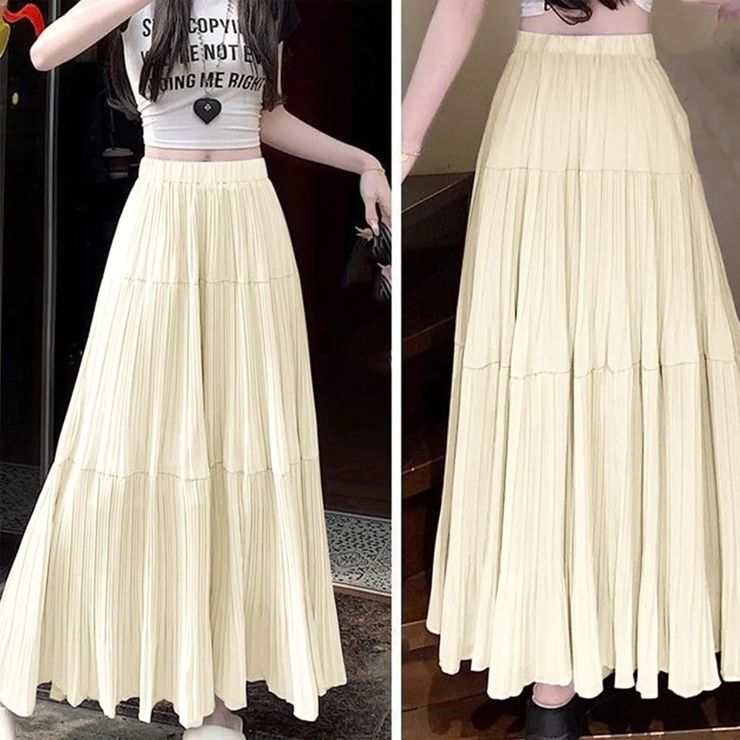 Women's Summer Chiffon Maxi Skirts Pleated Elastic Waist A-Line Flowy Tiered Beach Dress Pleated Swing Long Skirt