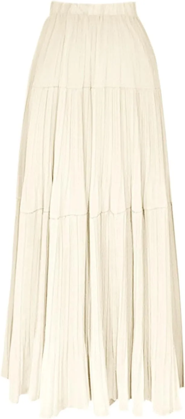 Women's Summer Chiffon Maxi Skirts Pleated Elastic Waist A-Line Flowy Tiered Beach Dress Pleated Swing Long Skirt