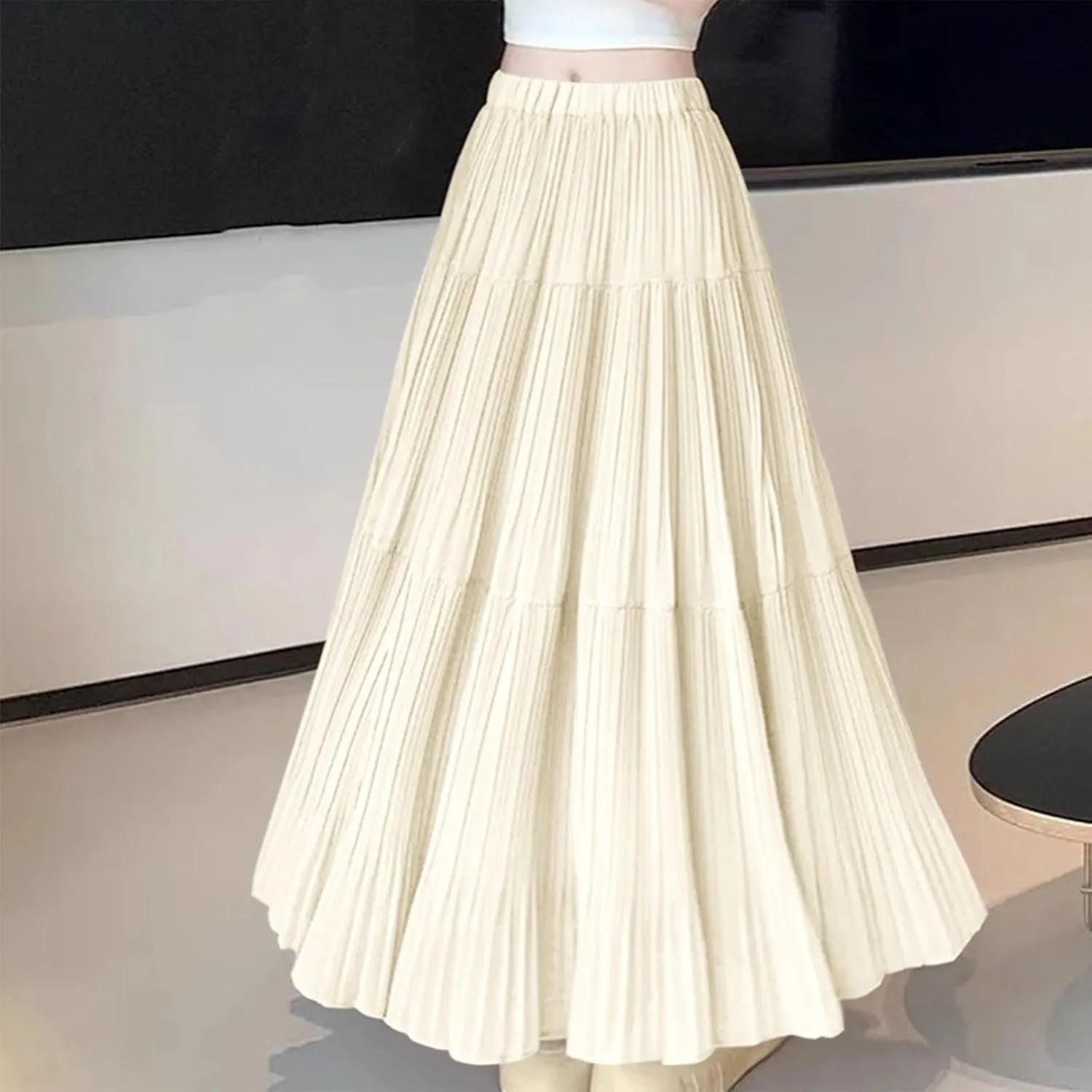 Women's Summer Chiffon Maxi Skirts Pleated Elastic Waist A-Line Flowy Tiered Beach Dress Pleated Swing Long Skirt