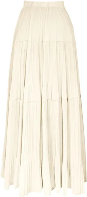 Women's Summer Chiffon Maxi Skirts Pleated Elastic Waist A-Line Flowy Tiered Beach Dress Pleated Swing Long Skirt